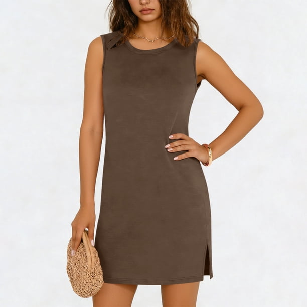 TaTaai Women's Sleeveless Slip Dress Solid Color Round Neck Casual Side Slit Pullover Dress Lightweight Stretchy Polyester Blend Gift