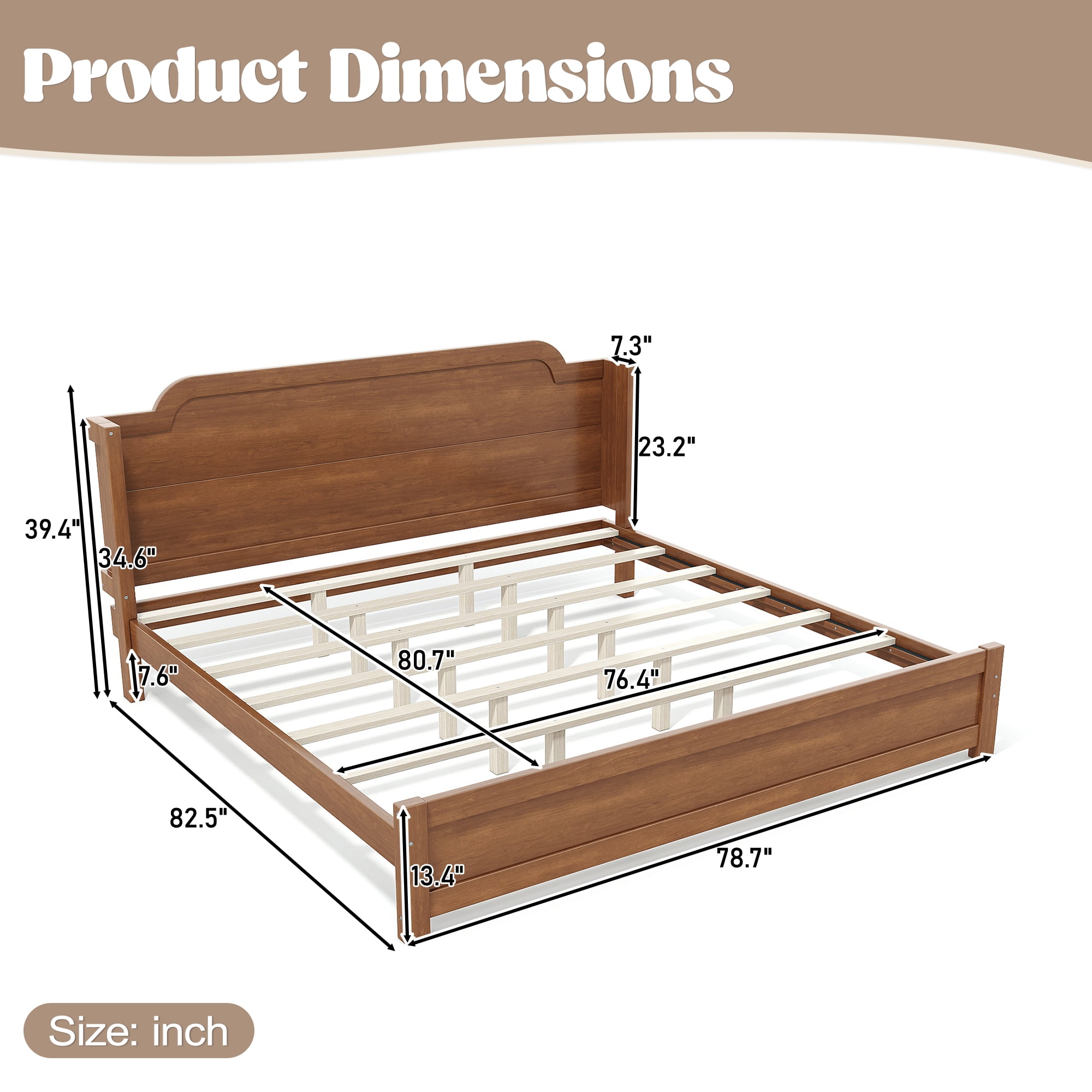 GARITIN King Solid Wood Platform Bed with Headboard, Brown Finish & Minimalist Design, Easy Assembly, No Box Spring Needed Traditional Wood Bed Frame, Brown