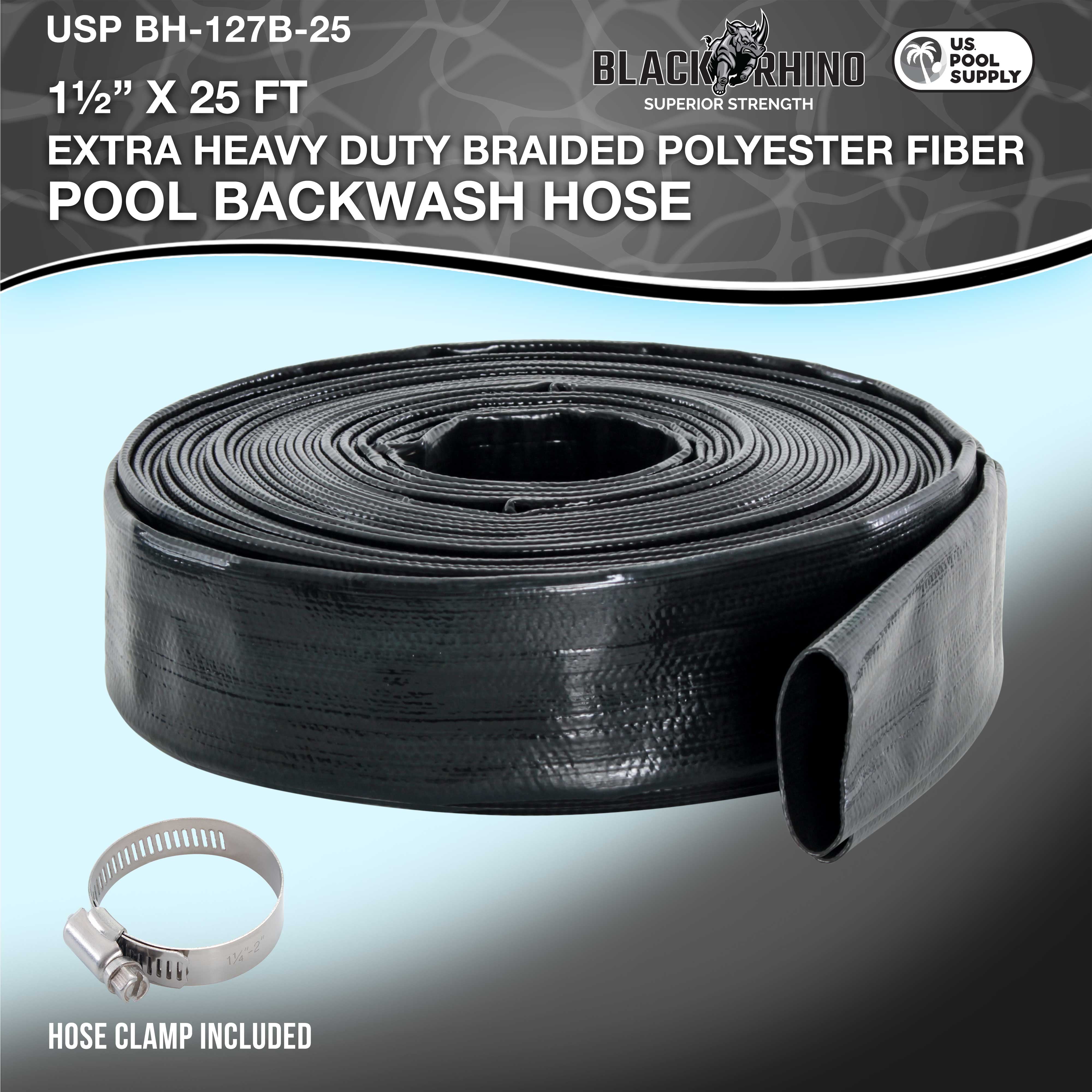 U.S. Pool Supply Black Rhino 1-1/2" x 25' Pool Backwash Hose with Hose Clamp - Extra Heavy Duty Superior Strength, Thick 1.2mm (47mils) - Weather Burst Resistant - Drain Clean Swimming Pools