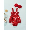thumbnail image 2 of Newborn Infant Baby Girls Children's Day Romper Outfit, Heart Printing Suspender Jumpsuit+Headwear, 2 of 7