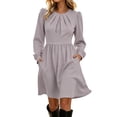 thumbnail image 2 of YTCAMLO Plus Size Fall Dresses for Women Casual Ruched Crew Neck Midi Dress Puff Long Sleeve A Line Dress High Waist Casual Dress, 2 of 9