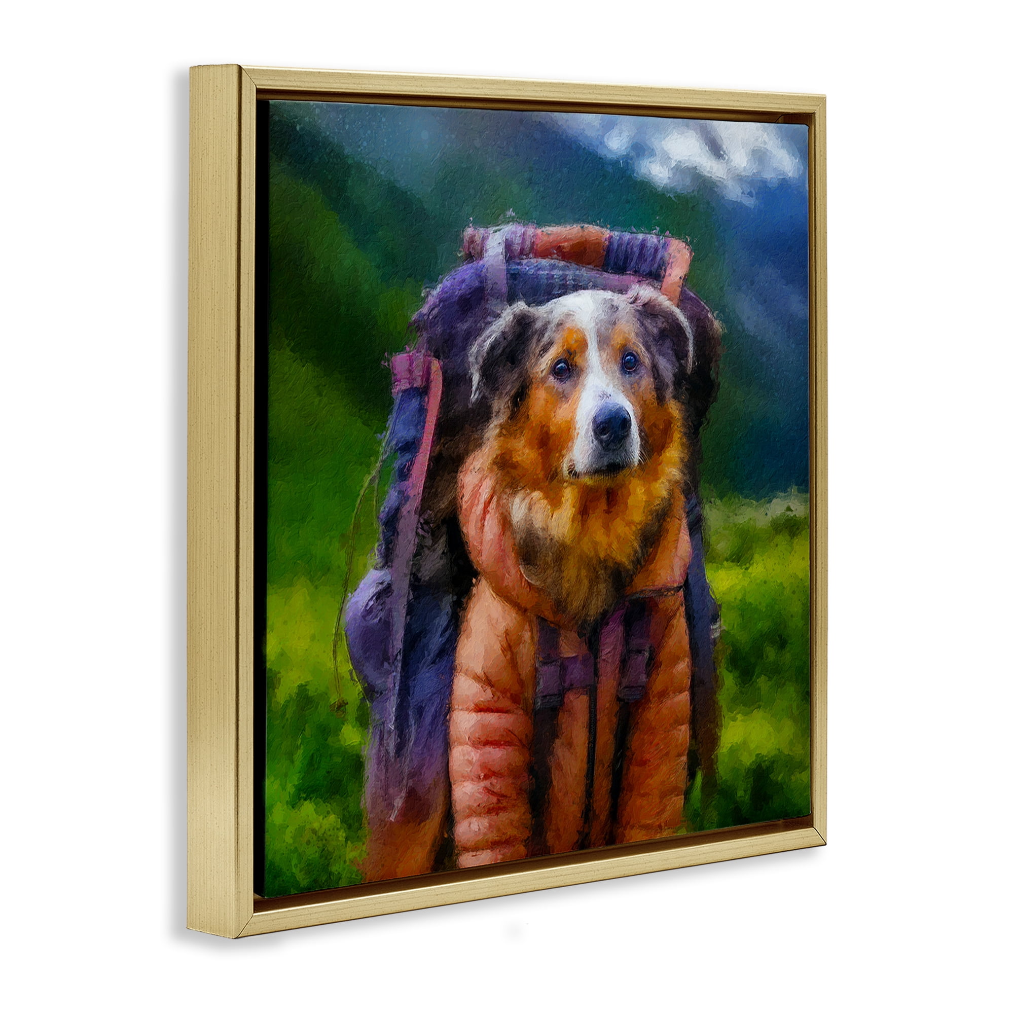 Stupell Industries Backpacking Hiker Dog Gold Framed Floater Canvas Wall Art, design by Sean Parnell