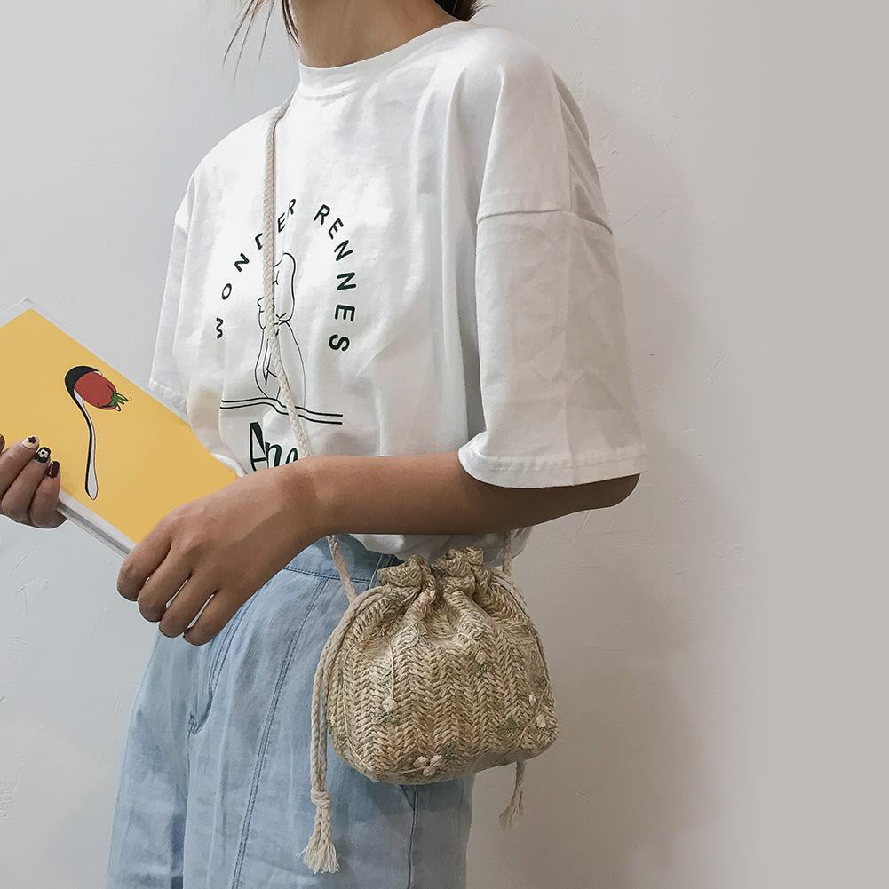Ladies lace Flower Decor Shoulder Messenger Handbags Straw Woven Small Drawstr