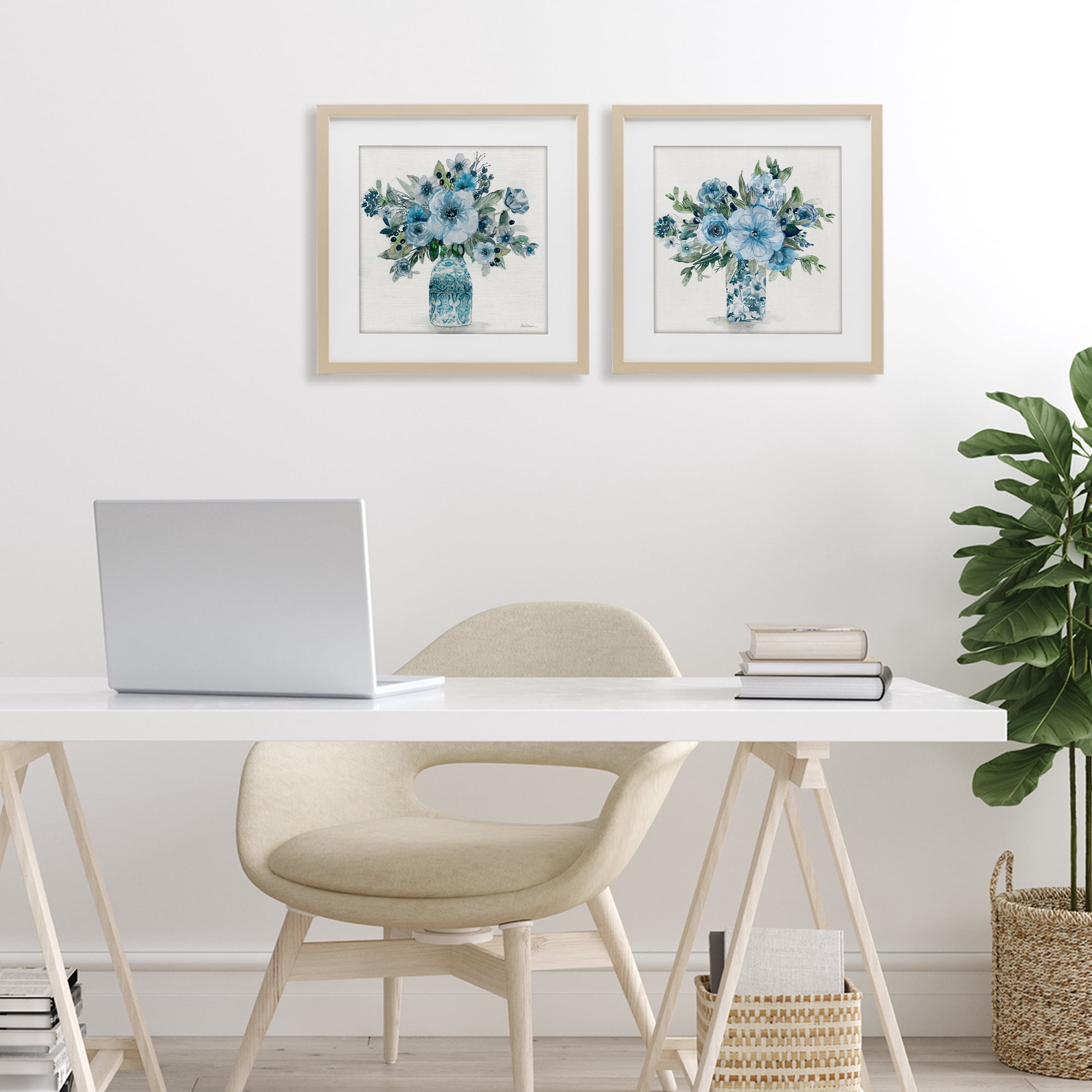 Stupell Industries Pastel Blue Floral Vase Arrangements 2 Piece Birch Framed Print Under Glass Set, design by Carol Robinson