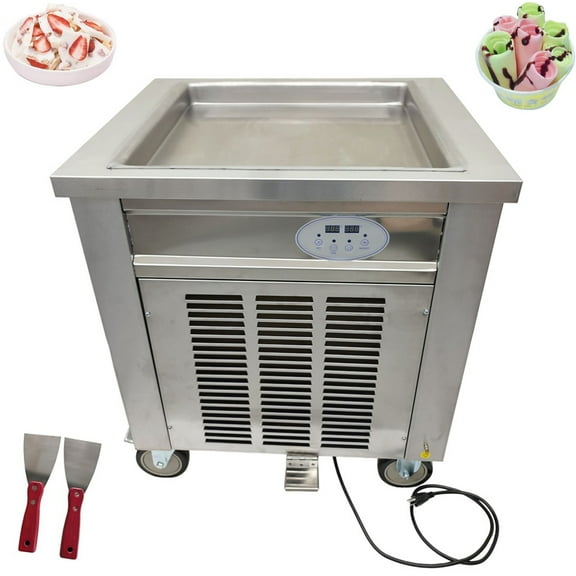 INTBUYING Fried Ice Cream Machine Frozen Yogurt Stir-frying Ice Maker Stainless Steel with 2 Shovels