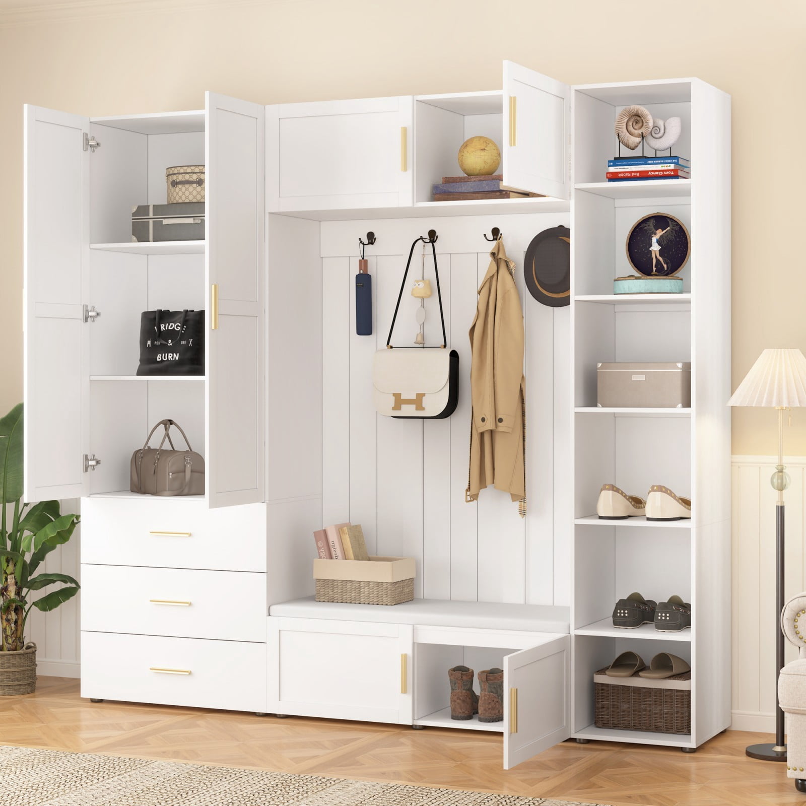 94"W 4-in-1 Entryway Hall Tree with Padded Bench, Coat Rack with 4 Hooks, Adjustable Storage Shelves & Cabinet, Large Mudroom Organizer for Hallway Living Room, Ancient White