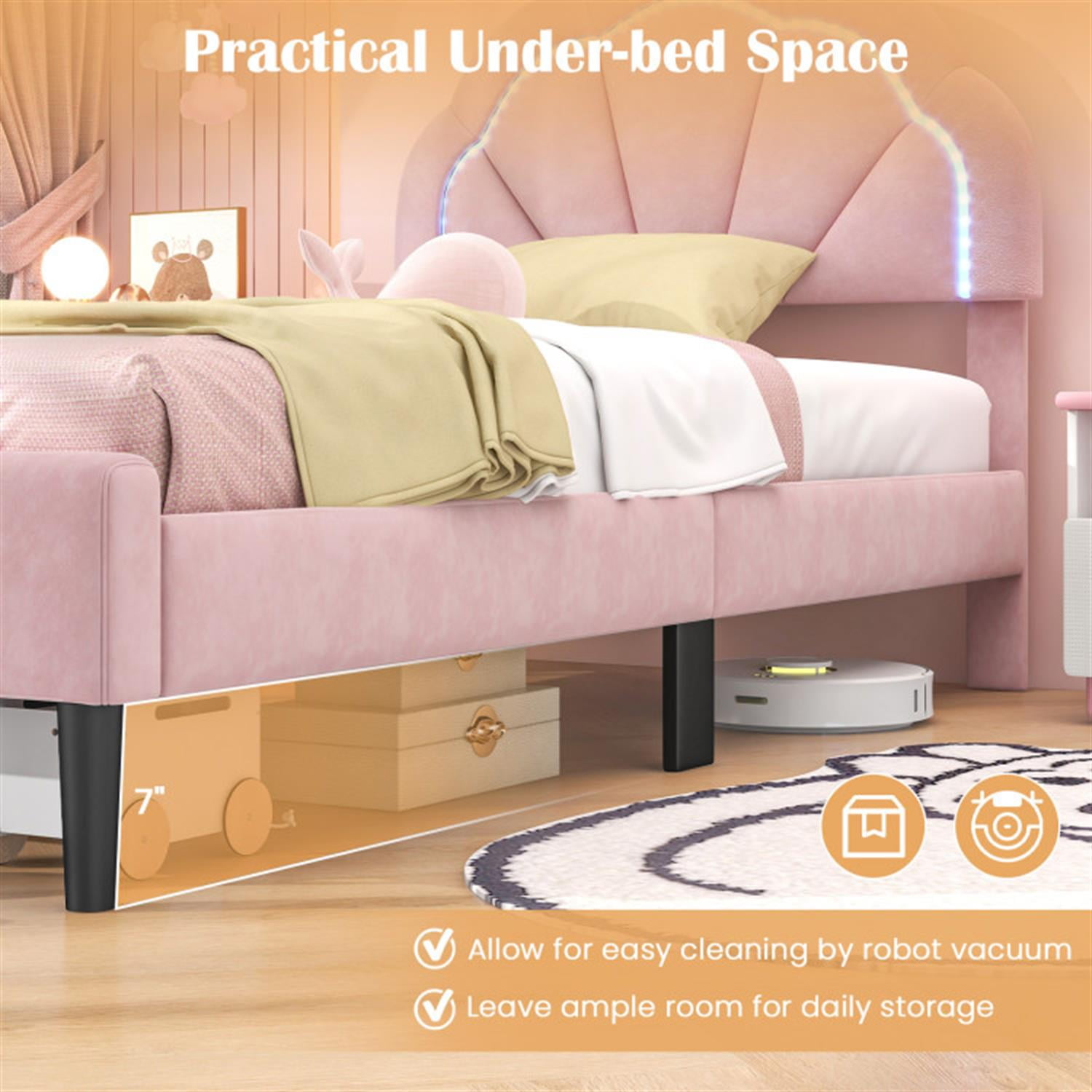 Demi Bonn Twin Size Upholstered LED Bed Frame with Adjustable Flower Headboard and Metal Support Feet, Platform Bed Frame with Wood Slats Support, No Box Spring Needed, Pink