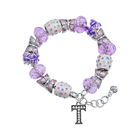 Delight Jewelry Black Nickeltone Crystal Initial - T - Beaded Border - Purple Butterfly Bead Charm Bracelet, 7" 1" Extender