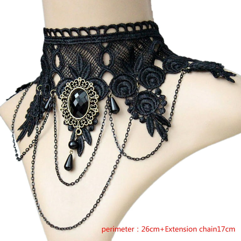 YEUHTLL Halloween Sexy Gothic Chokers Crystal Black Lace Neck Collares  Choker Necklace V
