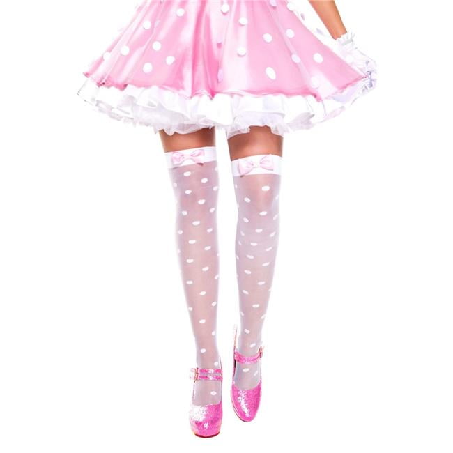 Music Legs 4659 White Pink Sheer Polka Dot With Bow Spandex Thigh High