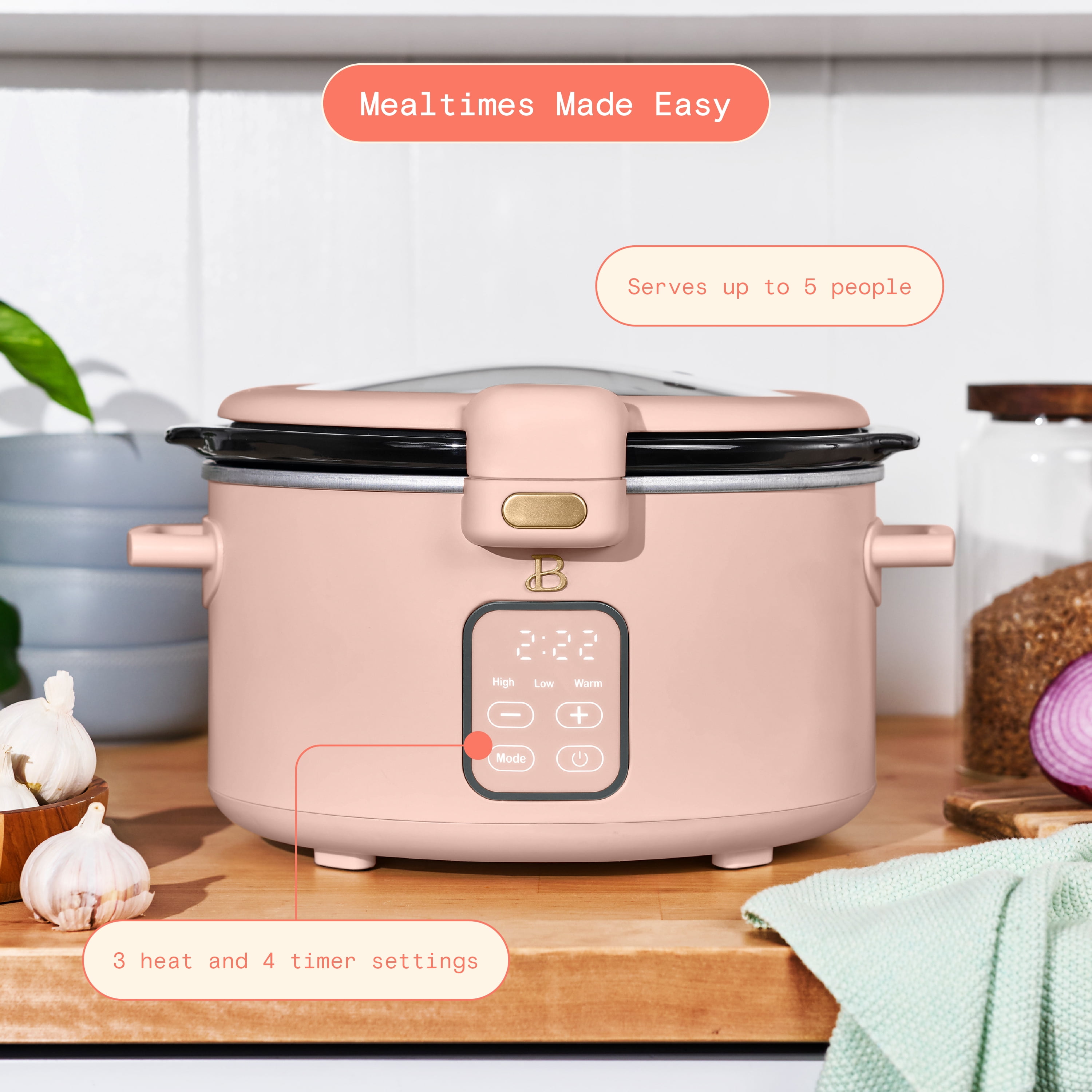 Beautiful 4 Qt Digital Slow Cooker with Hinged Locking Lid, Rose by Drew Barrymore