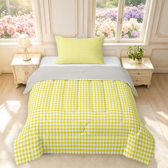 Manfei Minimalism Check Twin Comforter Sets,Classic Plaid Bedding Set,Yellow White,Light Gray Reversible,2-Piece,1 Comforter and 1 Pillowcase,2-Piece,1 Comforter and 1 Pillowcase