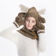 thumbnail image 4 of Gorros de lana para niños y mujeres, capas de alce de animales, gorros, baberos de ganchillo, guantes, dos juegos (café oscuro), 4 of 5