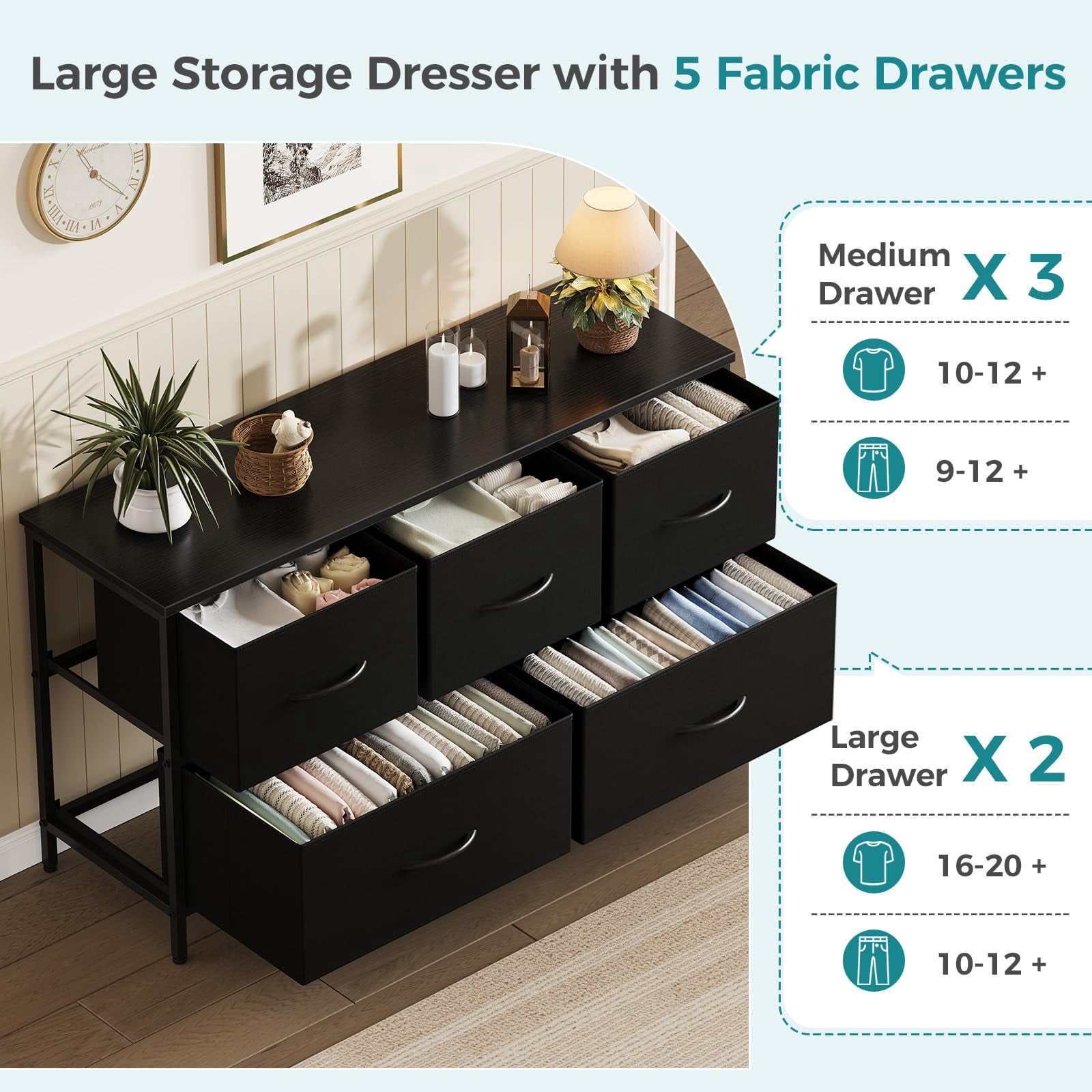 Telyra 5-Drawer Fabric Dresser TV Stand Organizer with Wood Top and Metal Frame, Ink Black