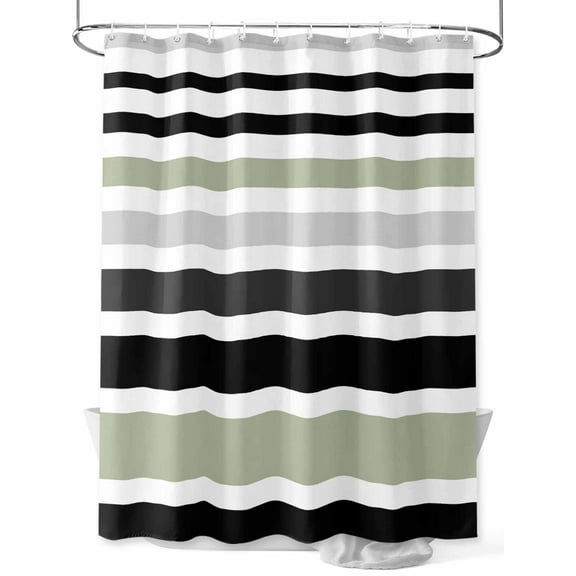 Abstract Striped Shower Curtain, Sage Green Black White Bathroom Decor Curtains Set with Hooks, Waterproof Fabric Home Accessories, 72 X 78 Inch Long