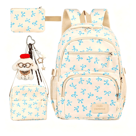 4-Piece Pink Coquette Backpack Set: Cute Bow Design Kawaii Daypack with Matching Lunch Box & Pouch, Large Capacity Travel & School Bag