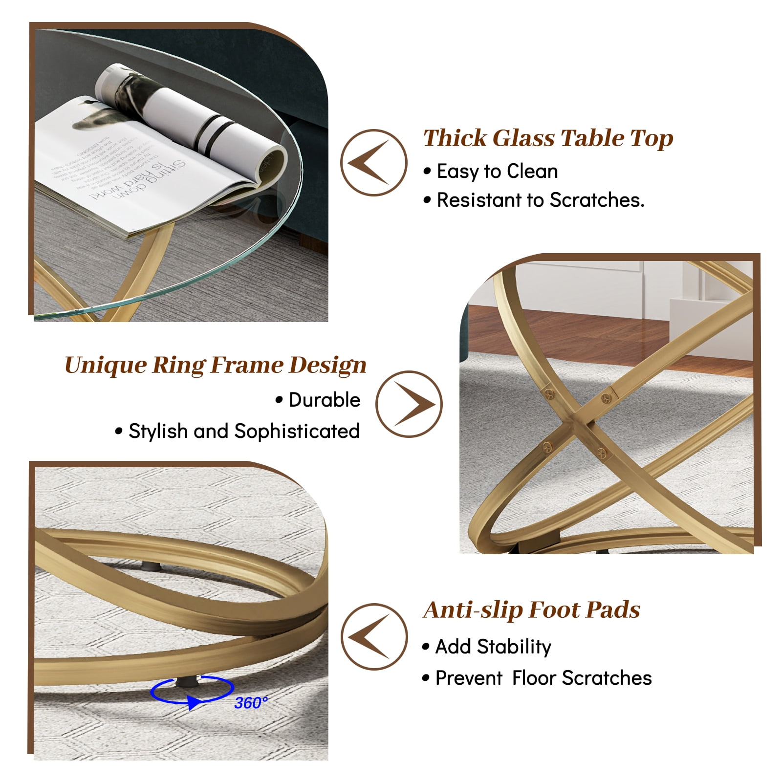 ASYA Modern Glass Coffee Table, 32'' Round Center Table with Metal Frame, Gold Accent Table for Living Room Office