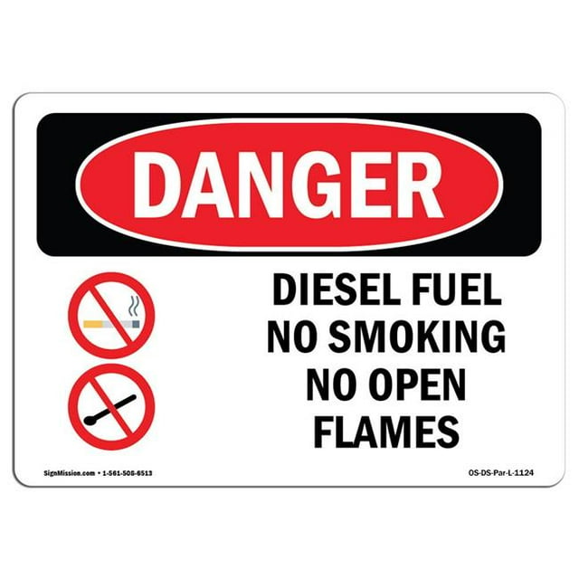 SignMission OS-DS-A-1218-L-1124 12 x 18 in. OSHA Danger Sign - Diesel Fuel No Smoking No Open Flames