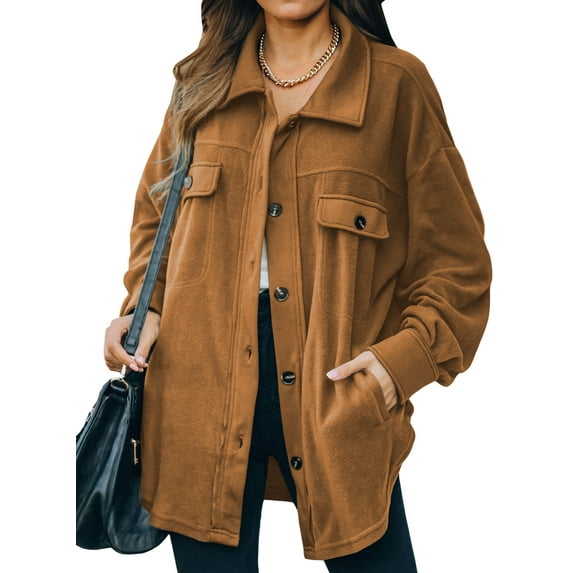 Asyoly Women Casual Button Down Shacket Jacket Long Sleeve Solid Color Oversized Trench Pea Coat Coat with Pockets