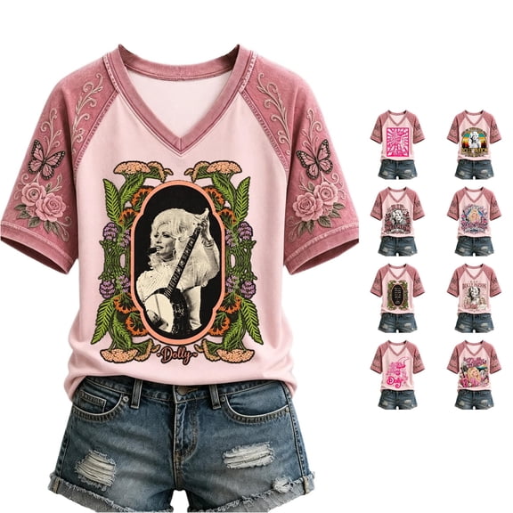Vintage Dolly Shirt Parton Memorial T-Shirt Women's Graphic Tees Tshirt Country Music Legend Shirt Tops Fashion Casual V-Neck T Shirts,XXL