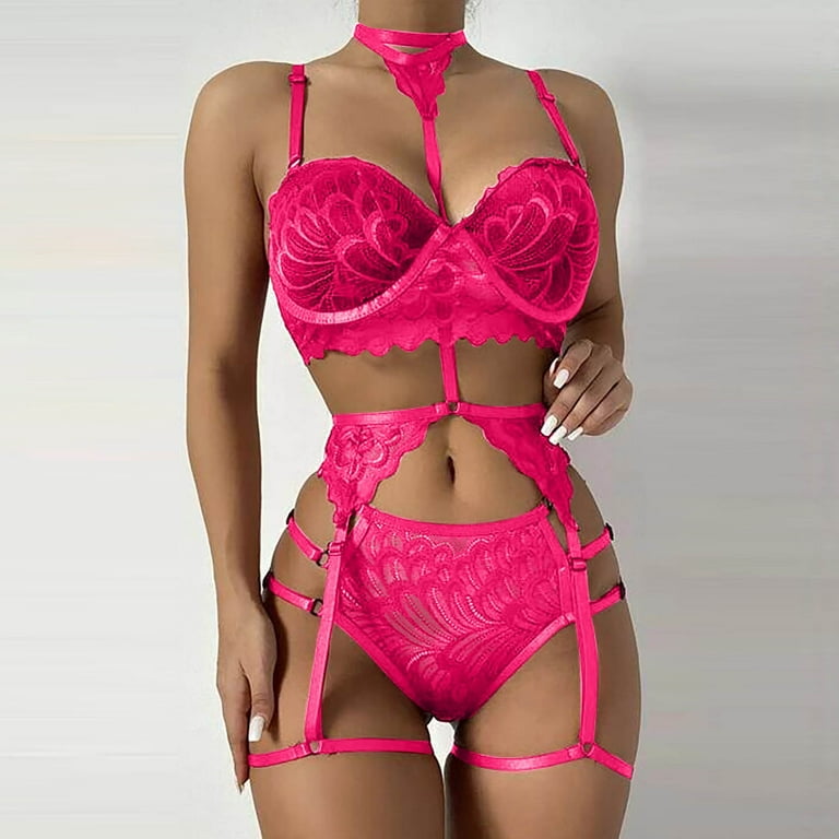 RQYYD Women Lingerie 3 Piece Lace Bra and Panty Sexy Sets with Underwire  Garter Lingerie with Choker (Hot Pink,XL)