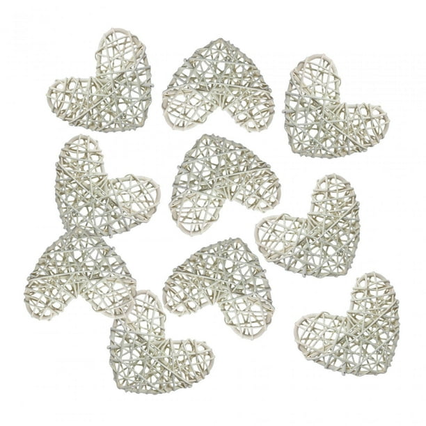 10 bolas de mimbre con forma de corazón para decorar jarrones y adornos navideños. Blanco