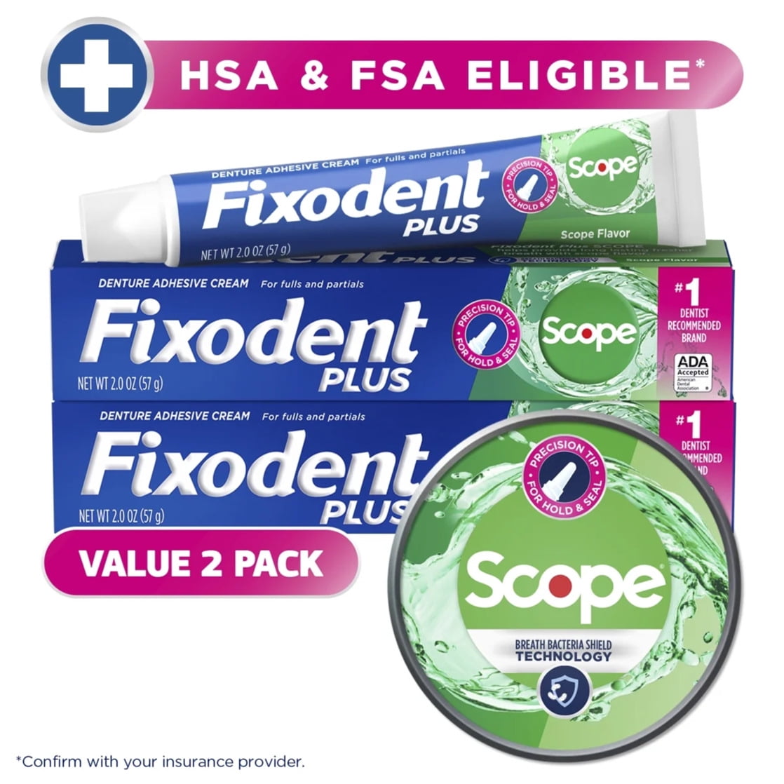 Fixodent Plus Scope Denture Adhesive Cream, Precision Hold, Scope Flavored, 2 oz, 2 Pack