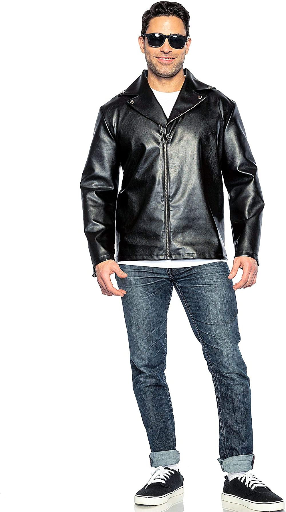 Seeing Red 50s Greaser Costume for Adults, Mens Size 42-48, Includes a  Black Faux Leather Biker Jacket and Black Sunglasses 