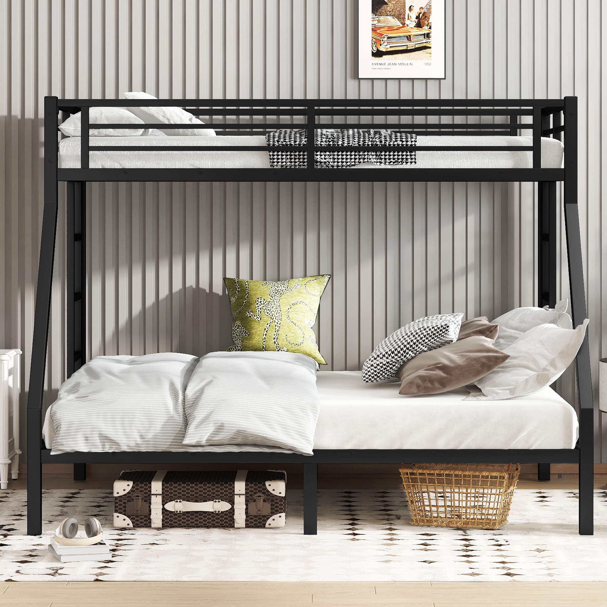 Twin XL over Queen Bunk Bed,Heavy Duty Metal Bunk Bed with 2 Side Ladders,Space-Saving/Noise Reduced/No Box Spring Needed,Black