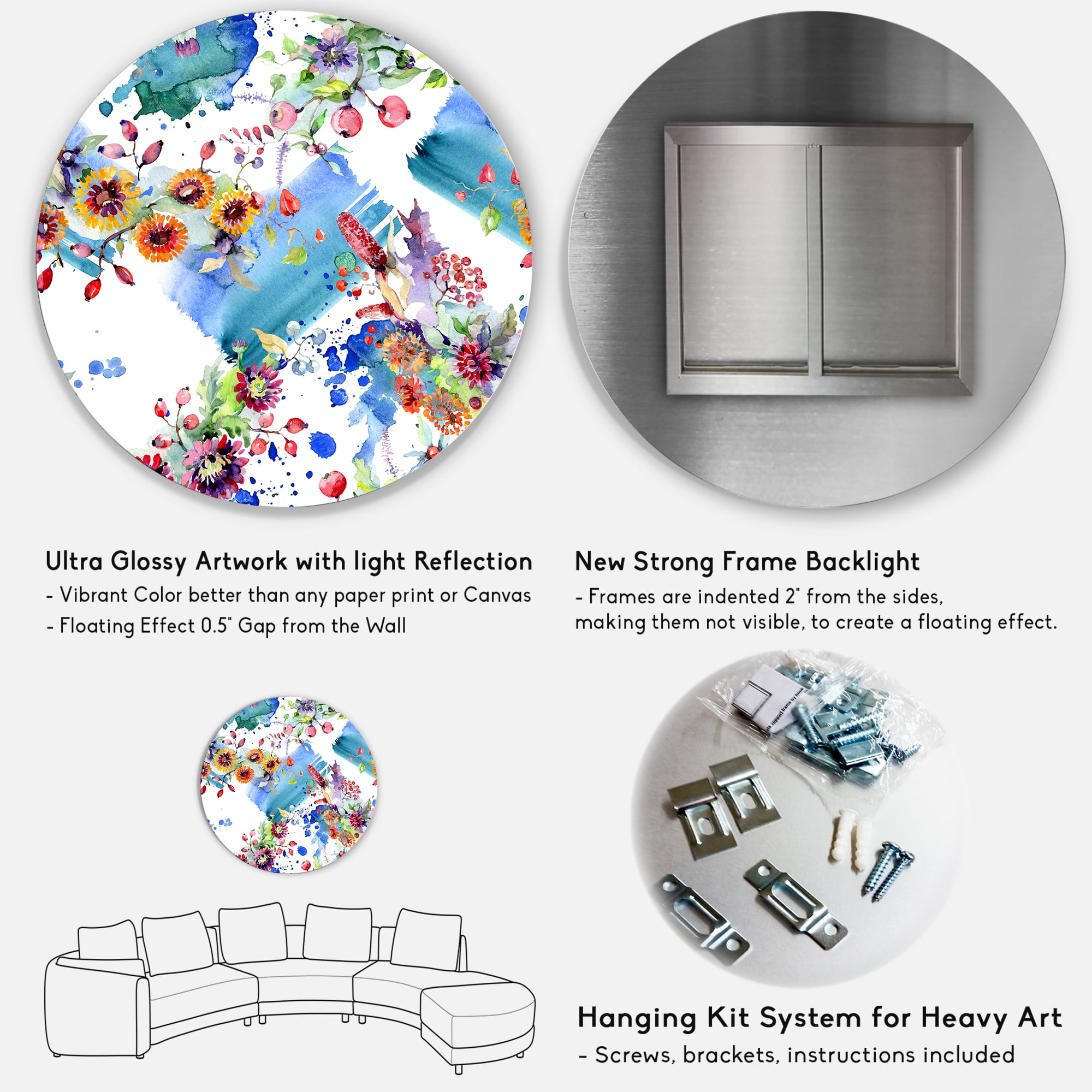 Designart 'Wildflowers and Vibrant Wild Spring Leaves IX' Modern Circle Metal Wall Art 36x36 - Disc of 36