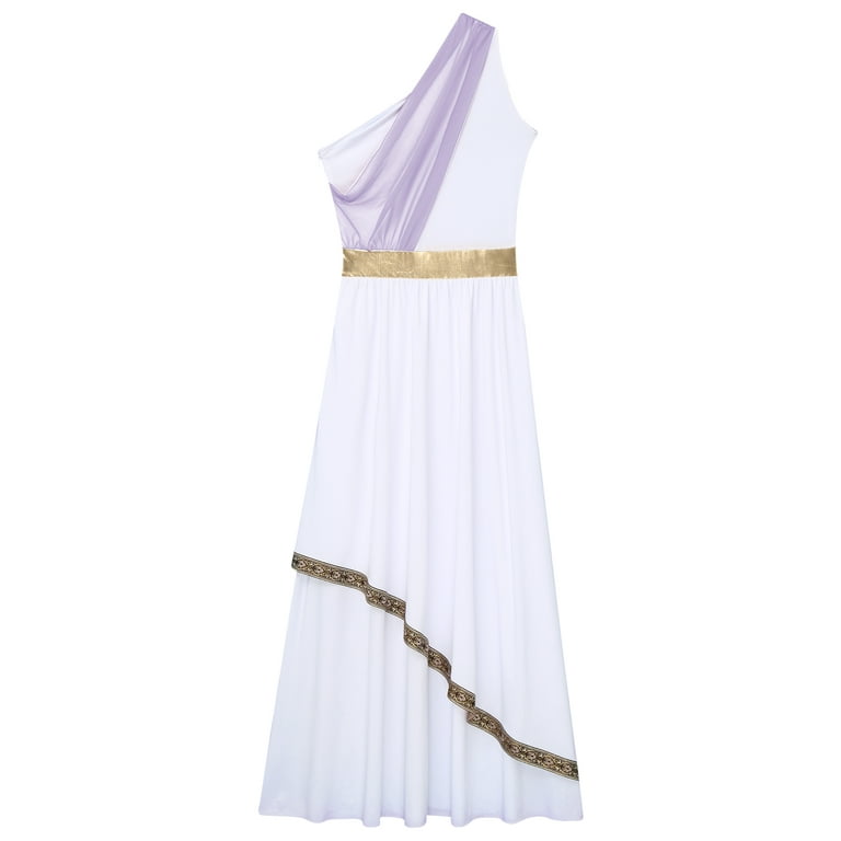 one shoulder toga dress Gold Greek Goddess Costume One Shoulder Metallic Toga Dress With Laurel Crown & Gold Leg Wraps Women's Ancient Roman Festival Outfit