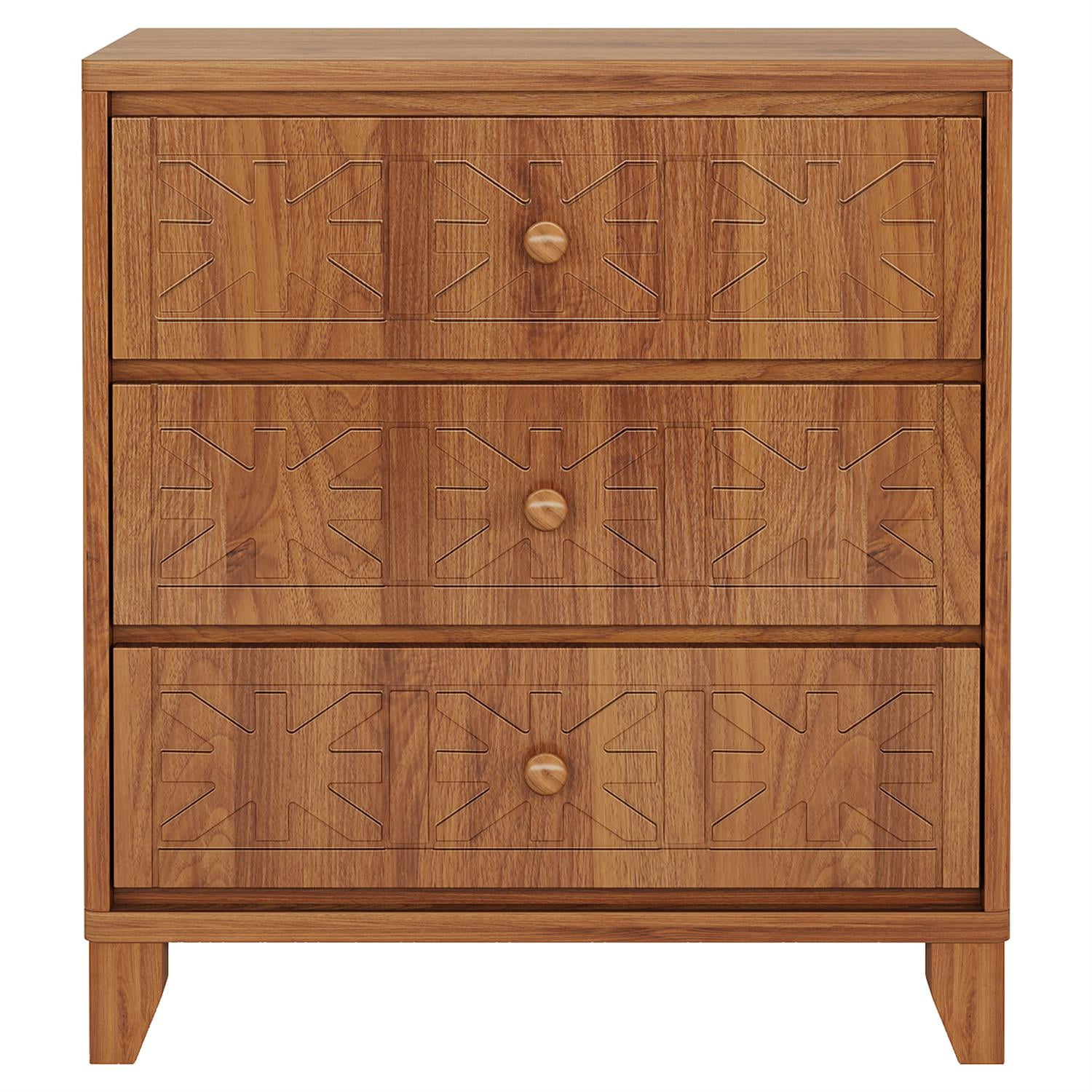 Demi Bonn 25" Wooden Nightstand with 3 Drawers, Elegant Carved Details, Handcrafted Bedside Table for Bedroom, Brown