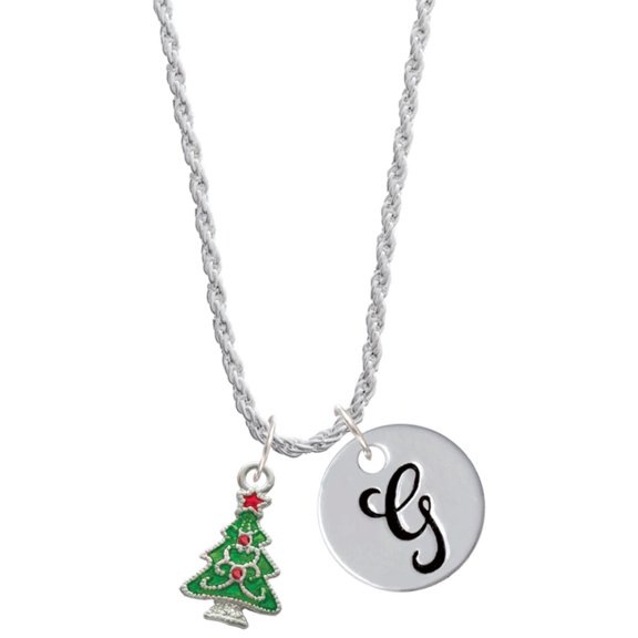 Delight Jewelry Silvertone Green Christmas Tree with Red Crystals Silvertone Script Initial Disc - G - Charm Necklace, 20"+3"