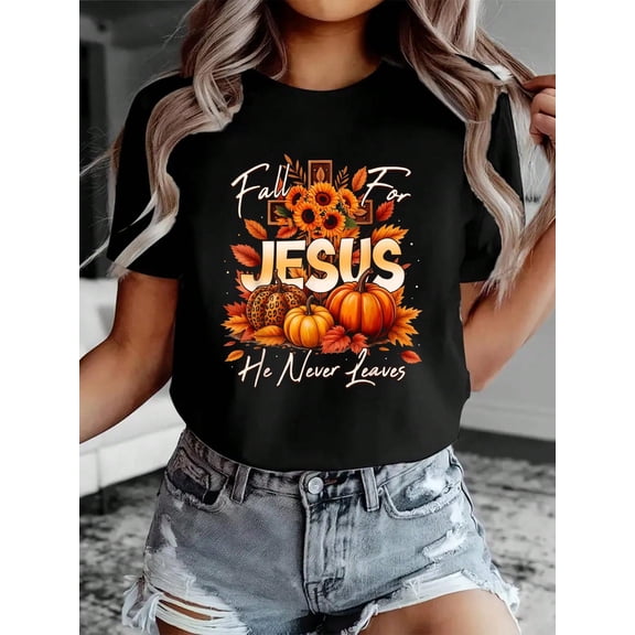 100% Cotton Womens Graphic T-Shirt Fall For Jesus He Never Leaves Christian Faith Pumpkin T-Shirt