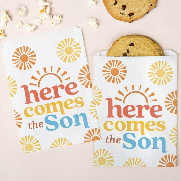 Big Dot of Happiness Here Comes the Son Paper Treat Bags, Boho Individual Candy Snack Favors, Greaseproof White Sandwich Cookie Bags - 25 Count