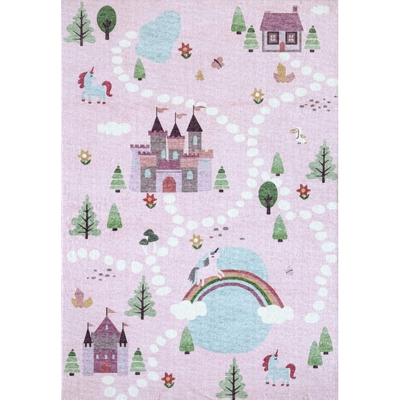 4' X 6' Pink White and Blue Juvenile Castle and Rainbow Youthful Area Rug