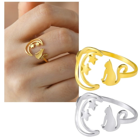 Wentin Rings Clearance! Personalized And Minimalist Women's Moon Star Cat Ring Stainless Steel Fashionable And Cute Animal Opening Ring Jewelry Gift