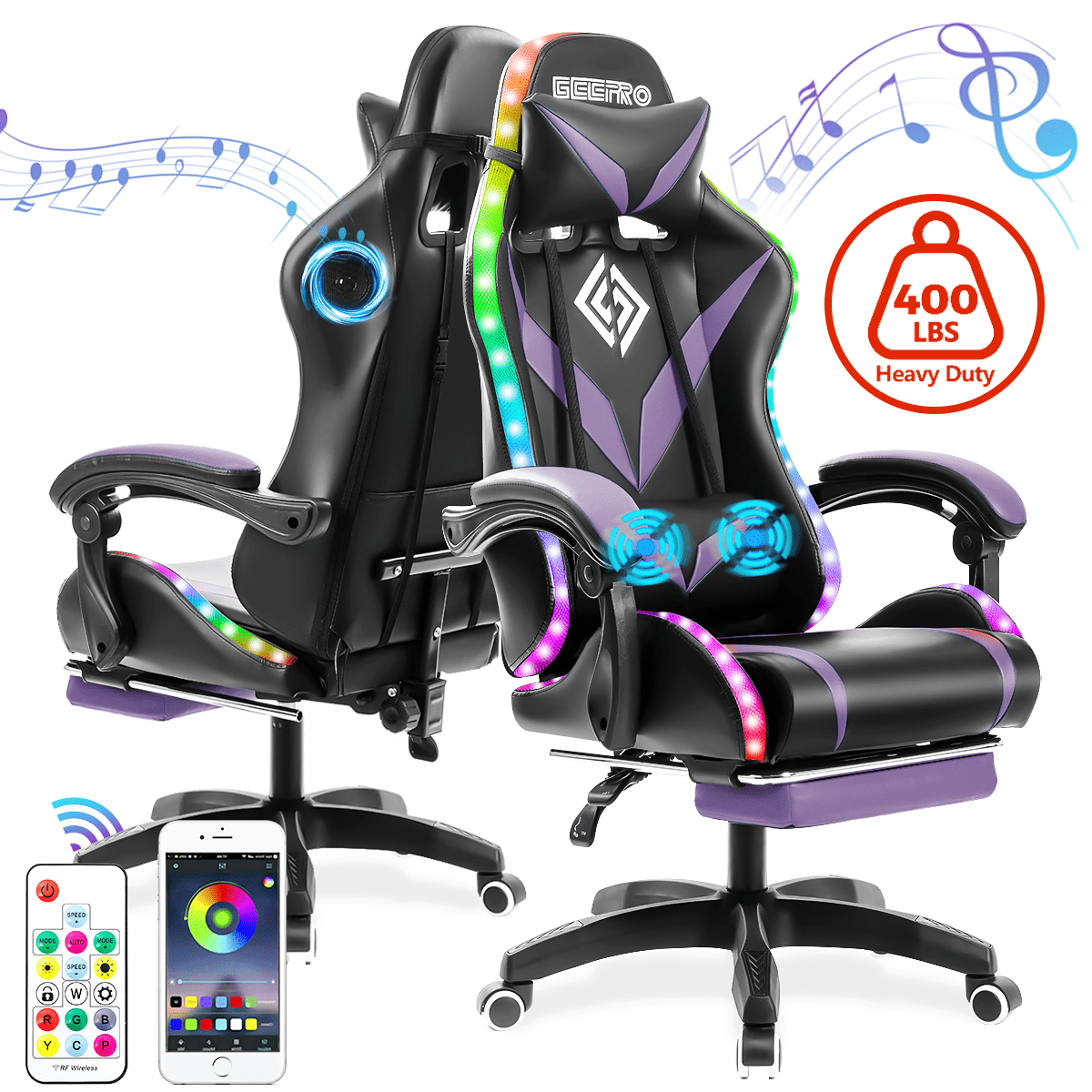 Hoffree Massage Gaming Chair with Bluetooth Speaker and RGB LED Lights, Ergonomic Video Game
