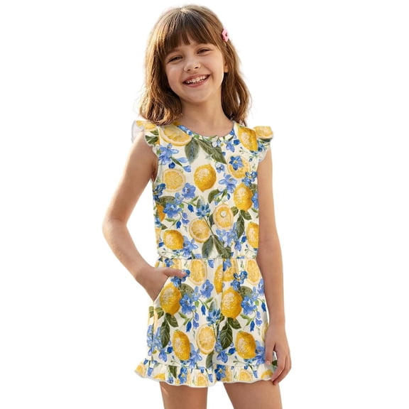 ZIATUBLE4S Lemon Blue Floral Print Girls Summer Romper Ruffle Cap Sleeves One-Piece Short Jumpsuit Soft Comfort Kids Casual Playsuit with Pockets for 5-6 Y