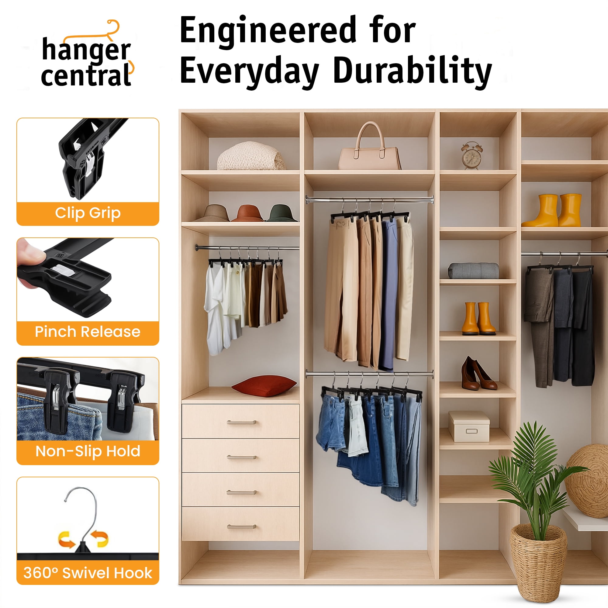 Hanger Central 50 Pack Black Plastic Pants And Skirt Hangers 12 inch