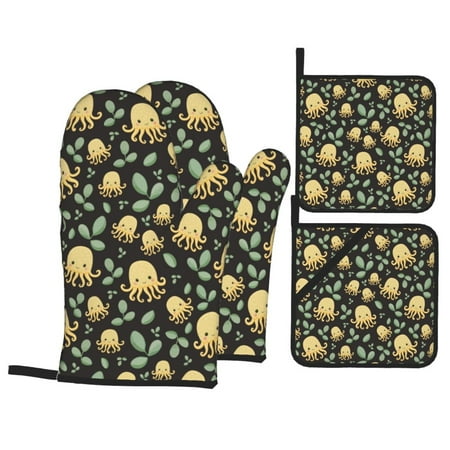 

Oven Mitts and Pot Holders 4 pcs Set Octopuses And Leaves Heat Resistant Pot Holders Oven Mitts for kitchen Non-Slip Hanging Loop Oven Glove Potholders for Baking Cooking