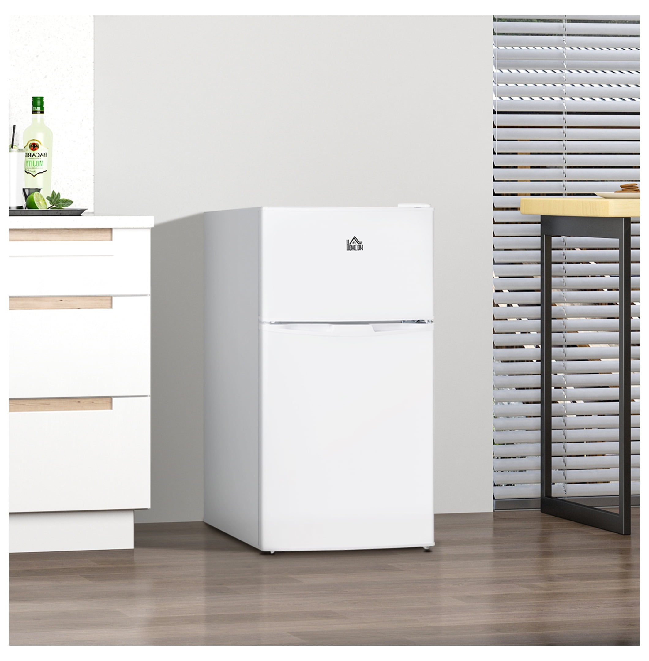 Double Door Mini Fridge with Freezer, 3.2 Cu.Ft Compact Refrigerator with Adjustable Shelf, Adjustable Thermostat and Reversible Door for Bedroom, Dorm, Home Office, White