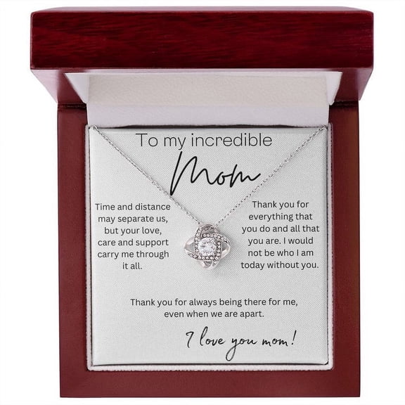 Gift for Mom | Time and Distance May Separate Us | Premium 14K White Gold Finish - Love Knot Necklace | Meaningful Mother's Day Gift | Gift Idea for Mom | Birthday gift for mom Luxury Box