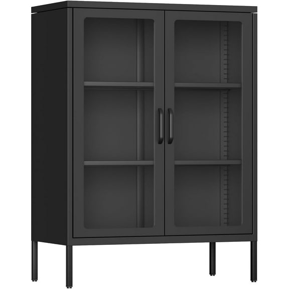SUNCROWN Metal Storage Cabinet, Side Storage Organize with 2 Glass Display Door and 2 Shelves, Bathroom, Bedroom, Kitchen Furniture Home Display Cabinet,Black
