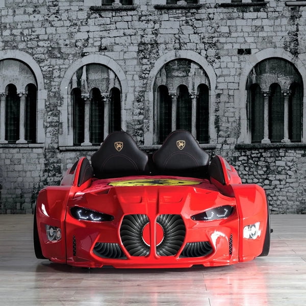 GTM Twin Race Car Bed for Kids with LED Headlights, Sound FX, Remote Control and Realistic Design, Sturdy and Fun Sleep Solution