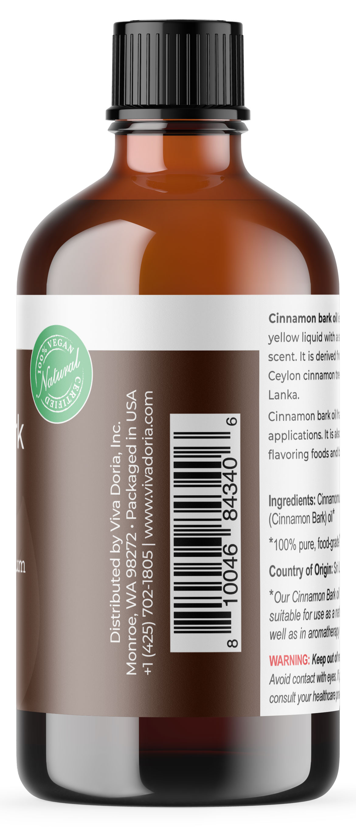 Viva Doria Pure Cinnamon Bark Essential Oil, Food Grade, 4 Fl Oz (118 mL)