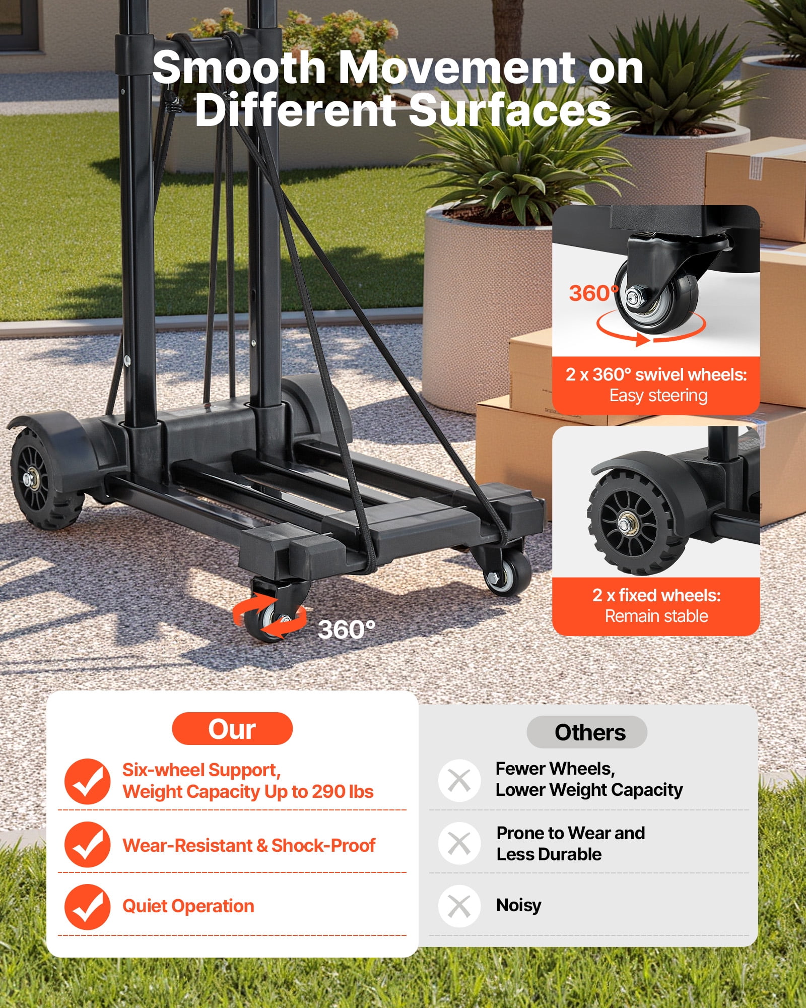 VEVOR Folding Hand Truck, 290 lbs Load Capacity, Collapsible Luggage Cart with 4 Wheels,2 Elastic Ropes & Expandable Base,Utility Dolly Platform Cart for Airport Travel Luggage Office Moving,Black