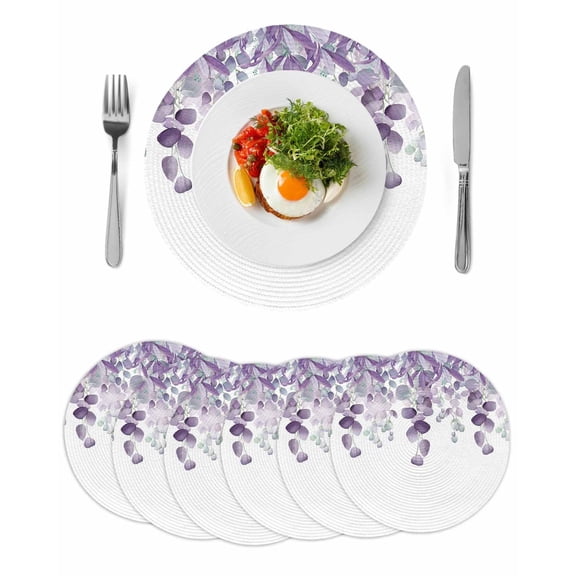Purple Teal Botanical Round 15 Inch Placemats Set of 6, Watercolor Spring Eucalyptus Leaves HeatResistant Non Slip Place Mats for Dining Table, Wipeable Braided Kitchen Table Mats for Housewarming