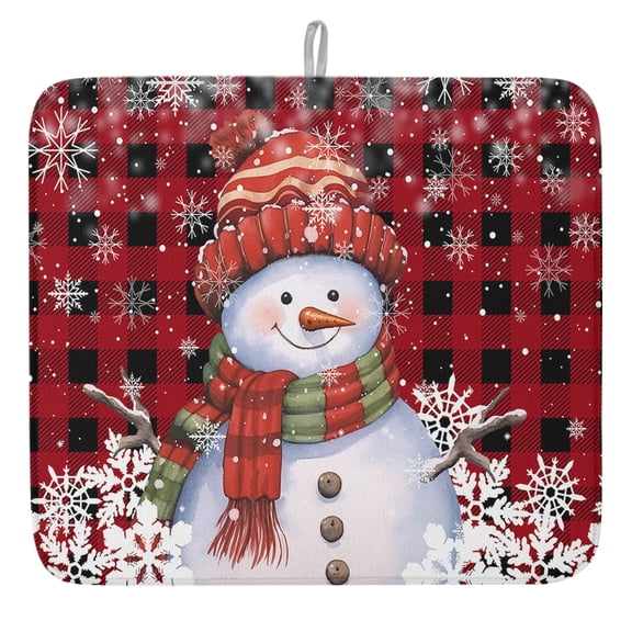 Christmas Snowman Dish Drying Mat, Winter Snowflakes Absorbent Dish Drying Matt Pad for Kitchen Countertops,Sinks,Dish Drainer Racks, Large 18x24inx1PC,, Red Black Buffalo Plaid