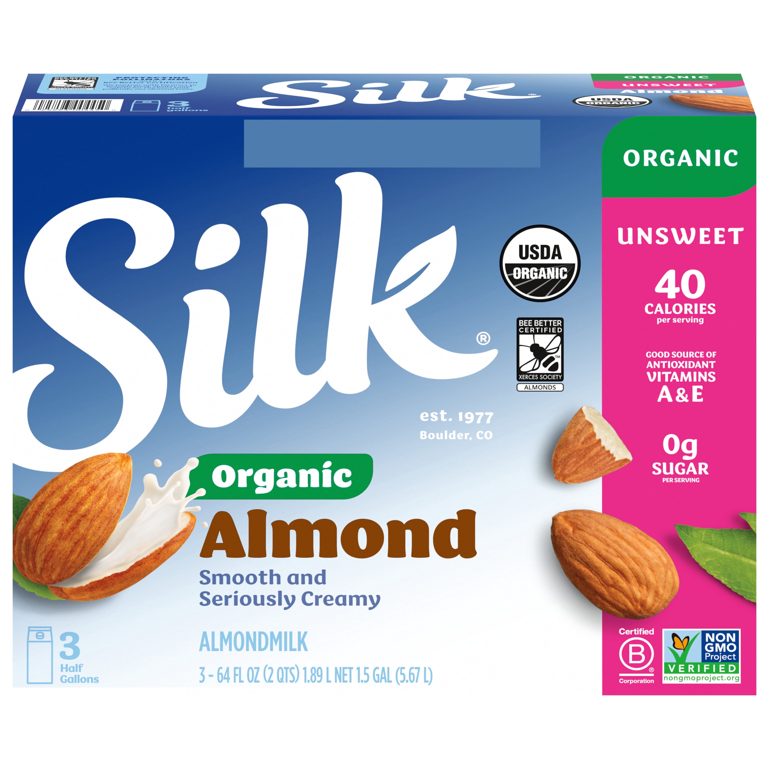 Silk Almond Milk, Organic Unsweet, Dairy Free, Gluten Free, 3 Ct, 64 FL OZ Half Gallon